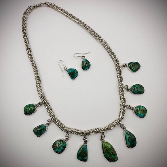 Sonoran Gold Turquoise Necklace & Earrings Set — Sterling, Signed “Smokey”, 18" - Picture 1 of 7